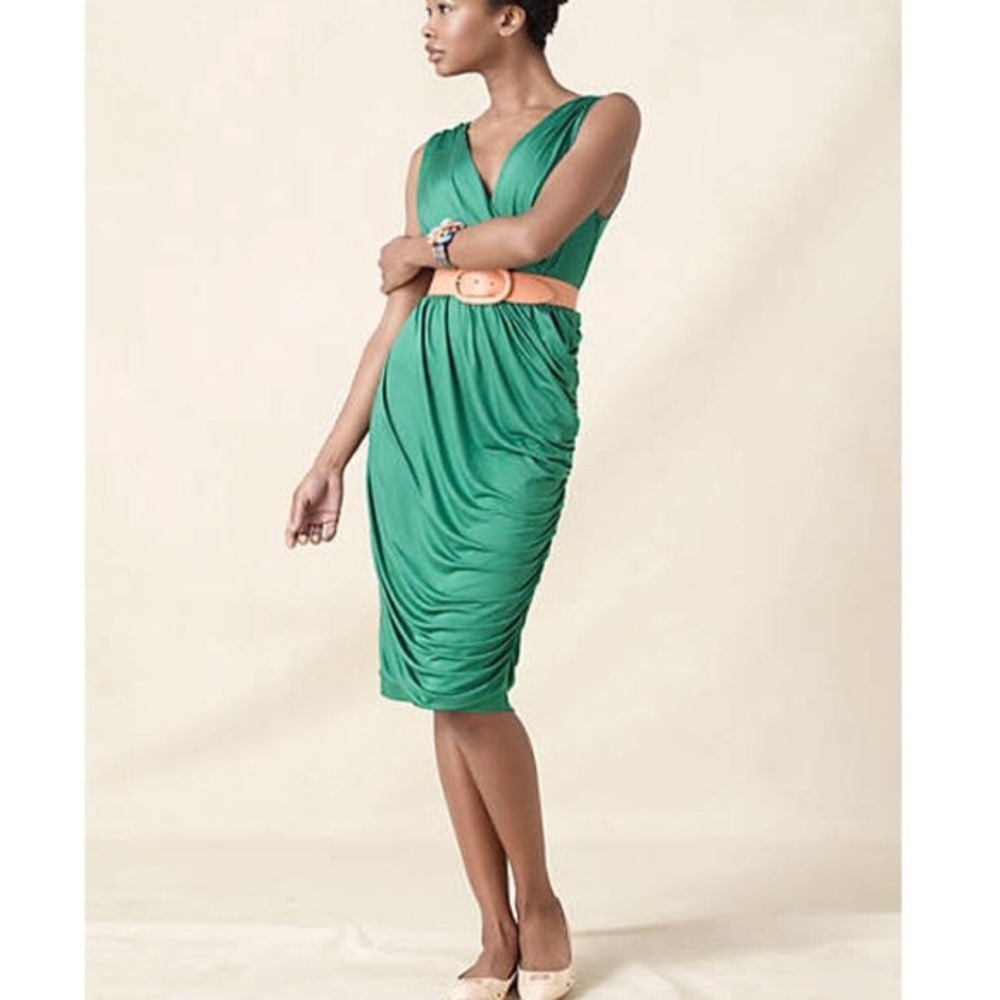 Anthropologie Emerald Green V-Neck Ruched Midi Dress